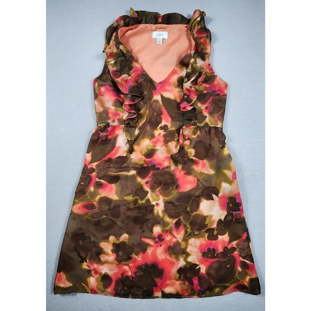 LOFT Floral Pattern Sleeveless Chiffon Dress Ruffle Detail Loose Womens Size 2
